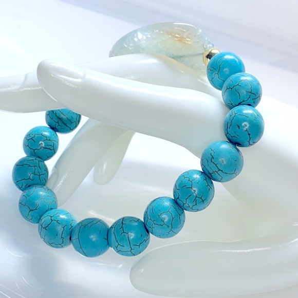 BLUE MAGNESITE + AGATE NATURAL BRACELET size 7” - Picture 4 of 8